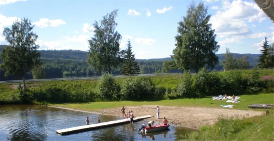 En lugn campingplats vid en flod med träd och grönska, perfekt för friluftsliv och avkoppling vid vattnet.