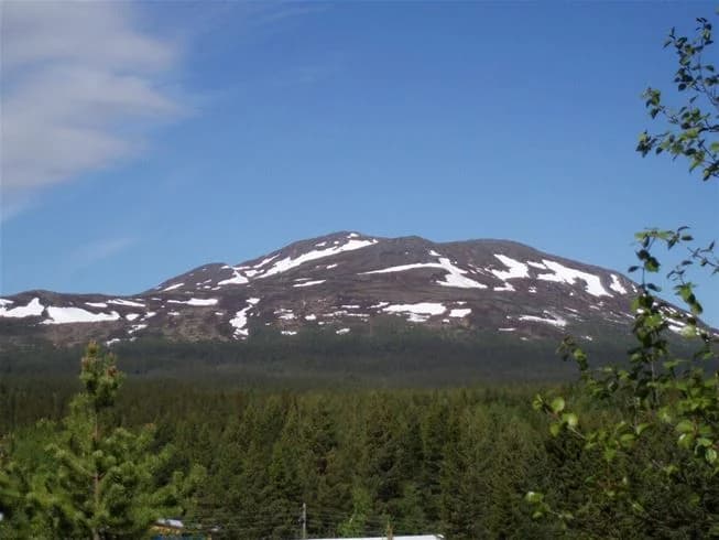 Vy över Vålågårdens värdshus & camping, omgiven av snötäckta berg och vidsträckta fjällandskap, inbäddad i ett vinterlandskap.