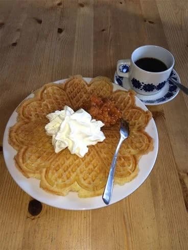 En utsökt belgisk våffla serverad på en vit tallrik. Våfflan toppas med färsk frukt och en klick vispad grädde. Placerad på ett rustikt träbord, redo att avnjutas som en del av frukosten på Vålågårdens värdshus & camping.