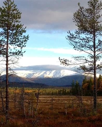 Bild av den natursköna omgivningen vid Vålågårdens Värdshus & Camping, med berg och höjder som sträcker sig under en delvis molnig himmel, vilket skapar en vild och orörd atmosfär.