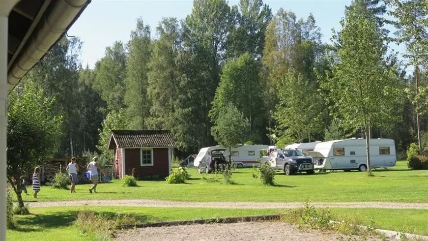 En grön campingplats med gräs och träd, en stuga syns i bakgrunden.