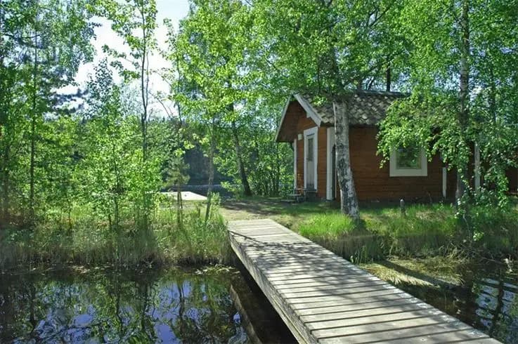 En pittoresk vy över Liens Camping med en liten stuga omgiven av frodig skog. I förgrunden syns en spegelblank sjö med fuktmarker längs strandkanten, som reflekterar den omgivande landskapets skönhet.