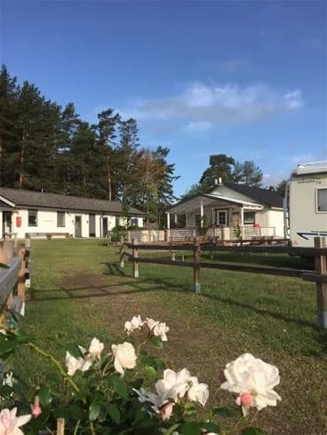 En stuga omgiven av grönska på Jogersö Eco Camping, med en välskött trädgård och uppfart i ett naturskönt område.