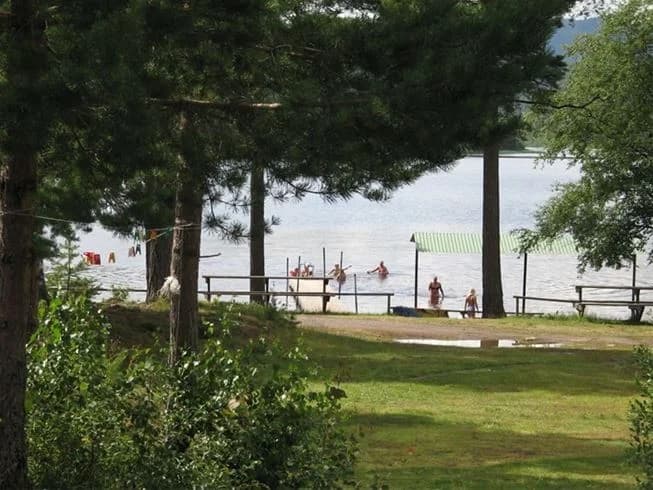 En somrig campingplats med grönskande gräsmatta, skuggiga områden och utomhusmöbler i Sollero camping, perfekt för avkoppling och rekreation under semestern.