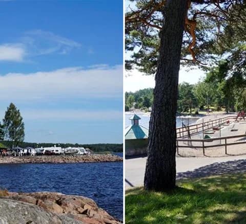 Bild av Örnäs Camping som visar en strandlinje med en lugn vik. Området erbjuder rekreation och semesteraktiviteter i naturskön miljö, med närhet till vatten och grönska. Perfekt för avkoppling vid kusten.