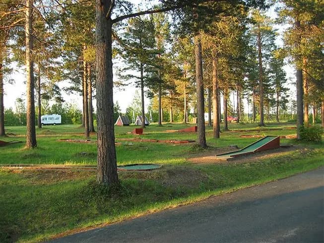 En grön och öppen äng med träd i bakgrunden vid Pajala Camping Route 99, perfekt för friluftsaktiviteter.