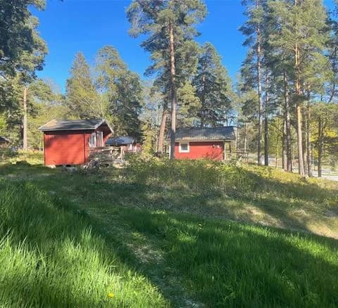 En grön campingplats omgiven av frodig gräsmatta och träd, med en liten stuga som syns i bakgrunden under en klarblå himmel.