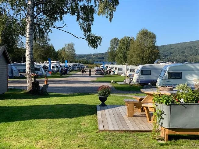 En campingplats med flera husvagnar och husbilar parkerade under en molnig himmel, omgiven av grönska och träd.