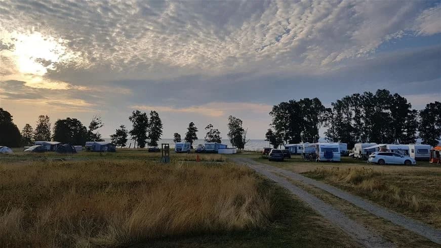 En vidsträckt gräsyta på Breviks camping & ställplats med flera husbilar parkerade. I bakgrunden syns ett öppet fält och några tält som används av campare.