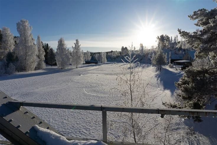 En vinterdag vid Ammeråns fiskecamp med snötäckta trädgrenar under en klarblå himmel.