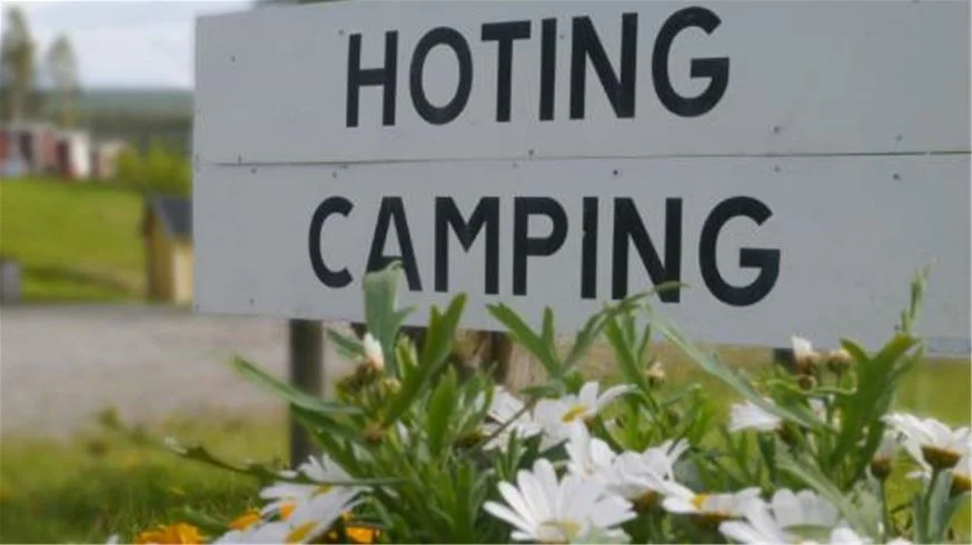 En campingplats med husvagnar, tält och fritidsfordon uppställda på gröna ytor omgivna av träd, vilket ger en lugn och naturnära atmosfär.