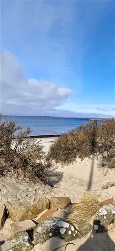 En solig dag vid Stråvalla camping med klarblå himmel och vita moln över en sandstrand vid havet.