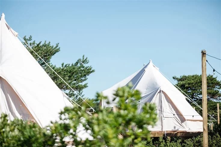 En campingplats vid Grebbestadfjorden med flera tält uppställda för rekreation i naturskön miljö.