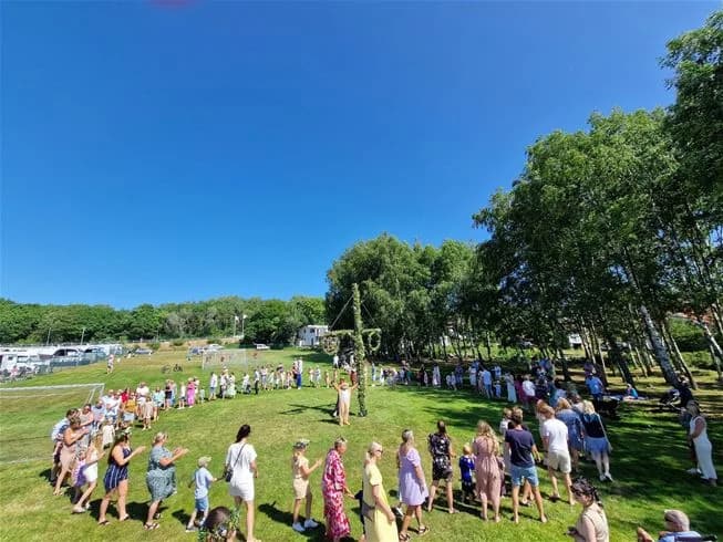 En somrig landskapsvy över Grebbestadfjorden med grönskande träd och gräs, ett stort öppet område för rekreation och fritidsaktiviteter.