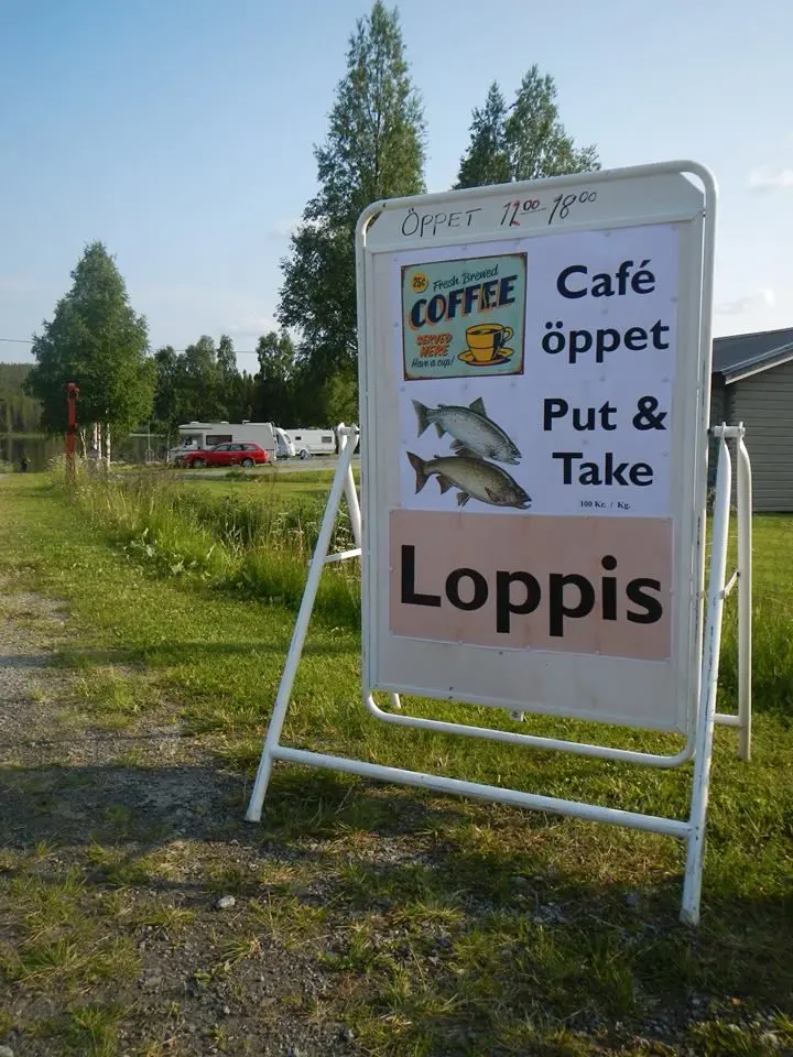 En skylt för Rörvattnets Fiskecamp med illustrationer av fiskar och reklam för fiskemöjligheter.