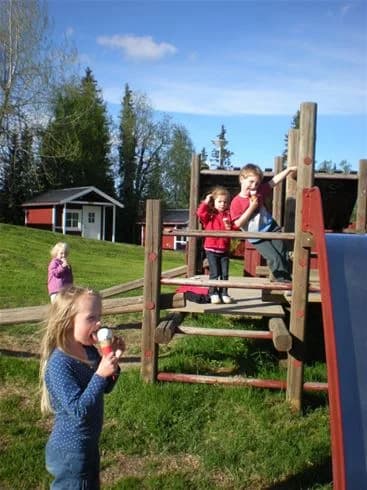 En liten grupp barn leker på lekutrustning i en park nära Ristafallets camping. Utrustningen inkluderar balanslekar som skapar en rolig och avslappnad atmosfär i den friluftsinspirerade miljön.