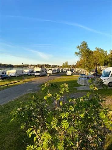 En parkeringsplats vid Arkösunds camping med olika typer av fordon, inklusive bilar och husbilar, som står parkerade på rad.