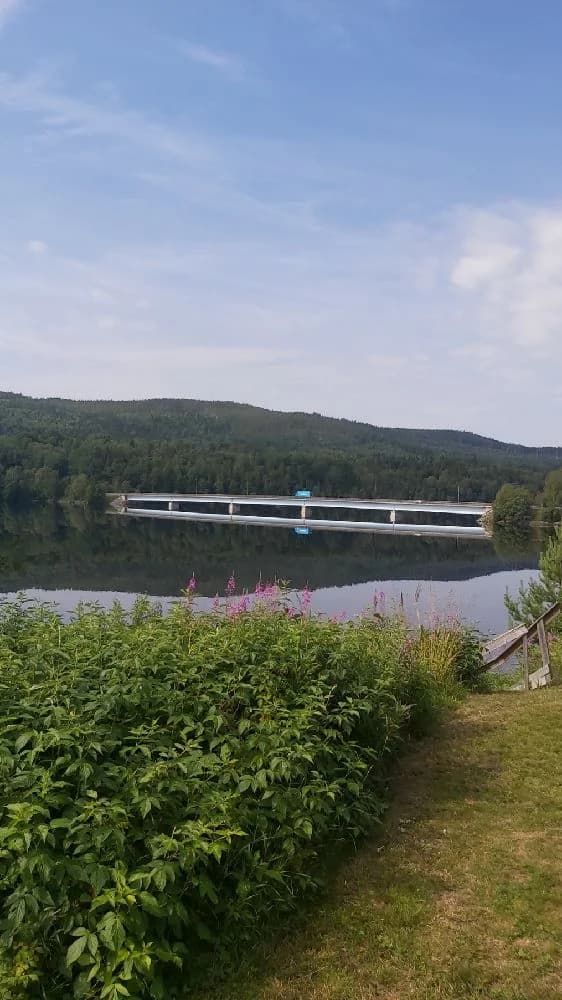 En stillsam flod med klart blått vatten rinner genom ett grönskande landskap vid Kävsta camping.