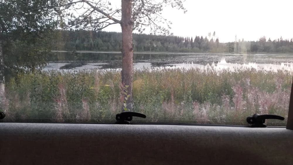 En vidsträckt campingområde vid en sjö, med gröna våtmarker och sandstrand i bakgrunden, perfekt för sommarens campingäventyr.