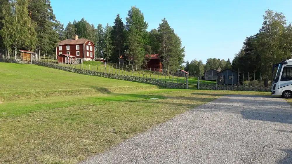 En grön campingplats med gräs och träd, samt en stuga i bakgrunden.