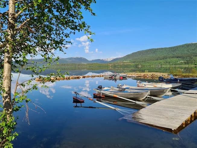 En stillsam sjö med ett par båtar förankrade vid strandkanten, omgiven av majestätiska berg och frodig grönska, belägen vid Jormvattnets fiskecamp.