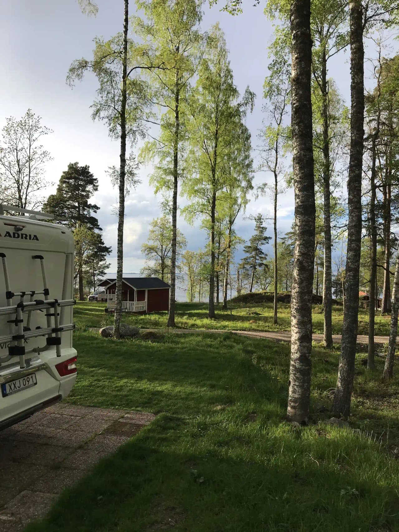 En naturskön campingplats med grönskande träd och välklippt gräsmatta. En husbil står parkerad vid sidan av grusvägen, omgiven av en lummig skogsdunge i bakgrunden.