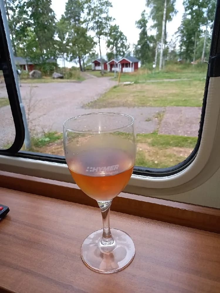 Ett välfyllt bord med olika glas för alkoholhaltiga drycker, inklusive cocktail- och champagneglas, på Hjälmargården & Läppe Camping.