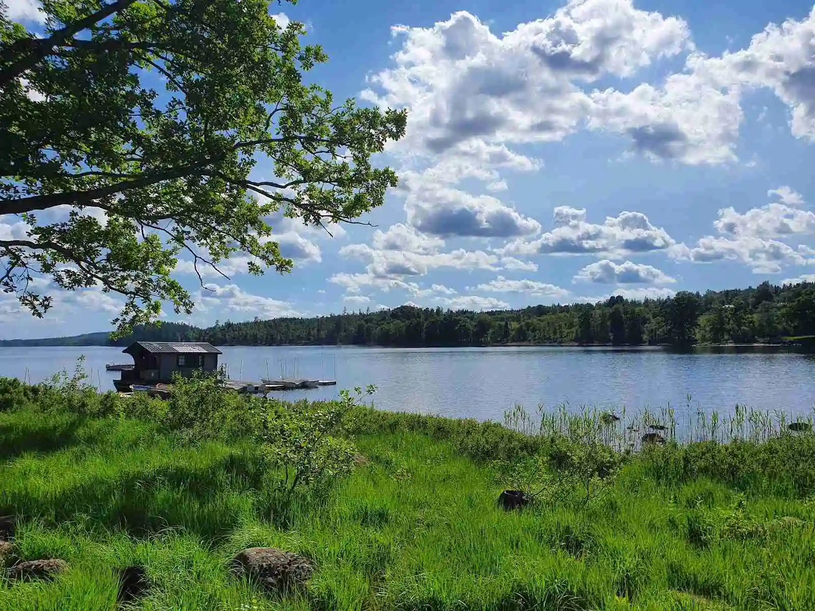 En vacker vy vid Kalvs Familjecamping med blå himmel, vita moln och en lugn vattenspegel omgiven av grönska och naturlandskap.