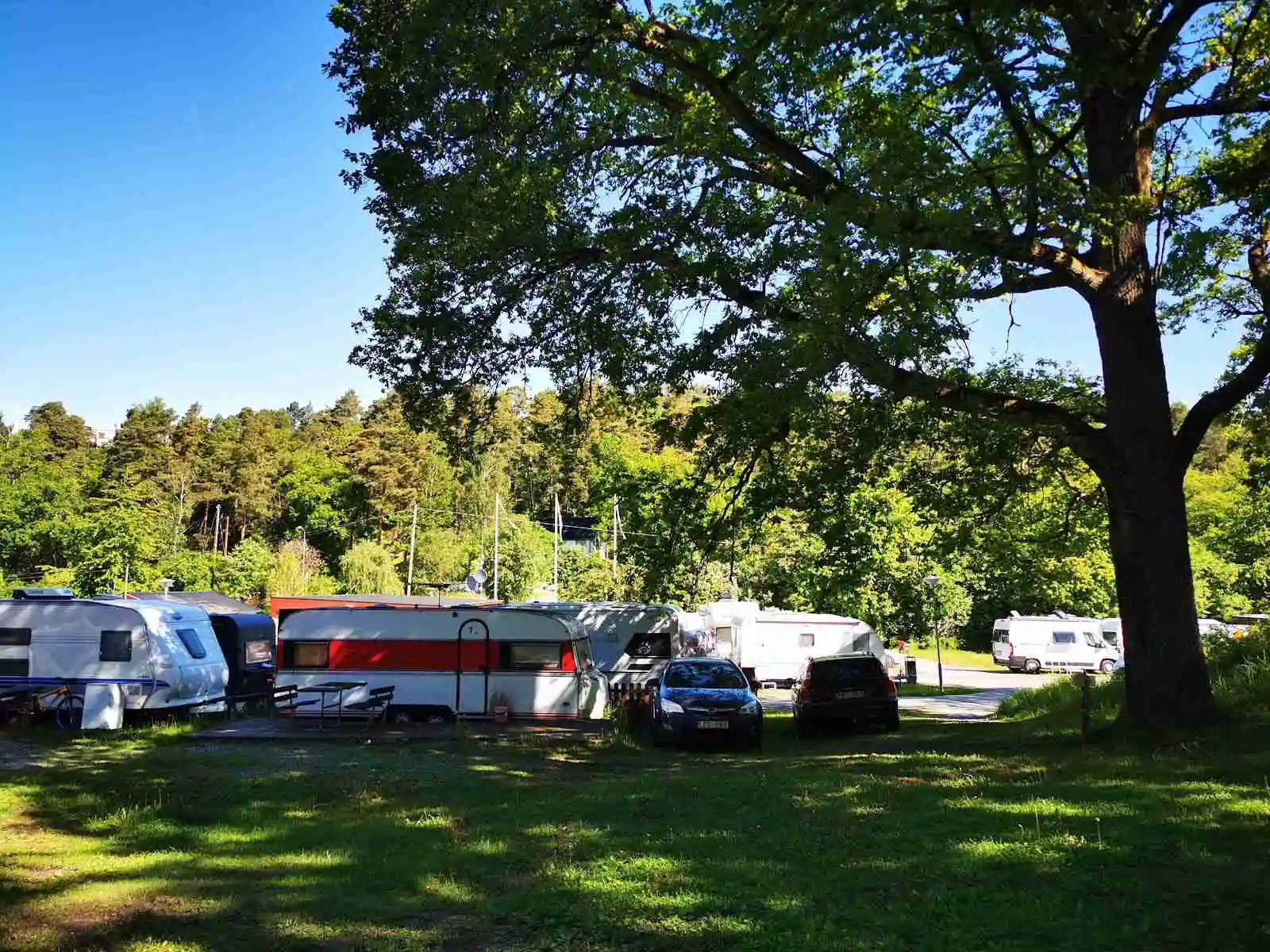 En campingplats med flera husvagnar och husbilar parkerade. Området är skuggat av träd och har en park- eller gårdsliknande känsla.