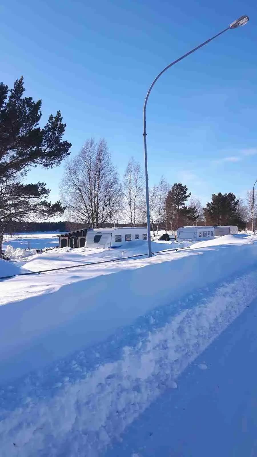 En vintrig vy från Krokomvikens camping med snötäckta trädgrenar, en gatlykta och ett försiktigt sluttande landskap, omgivna av frostiga granar under en vinterstorm.