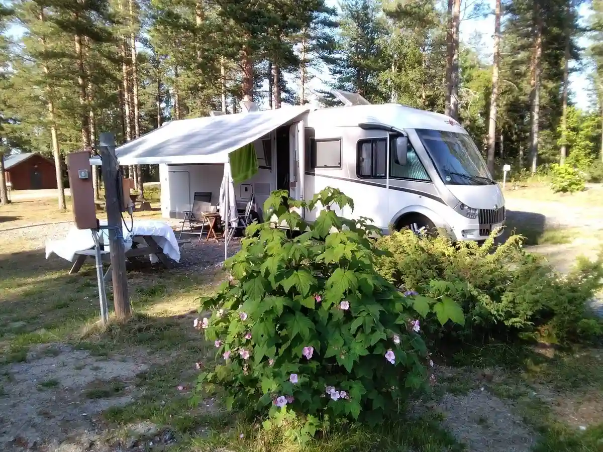 En solig dag på Norrmjöle camping med husvagnar och stugor omgivna av grönska och skugga.
