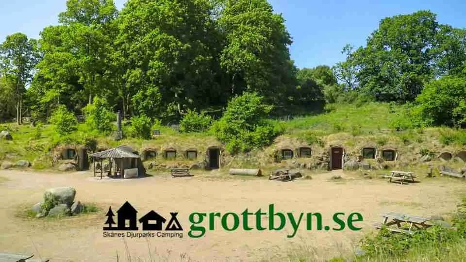 En lantlig campingplats med stugor och en jordväg omgiven av grönskande granar, med inslag av små hyddliknande byggnader.