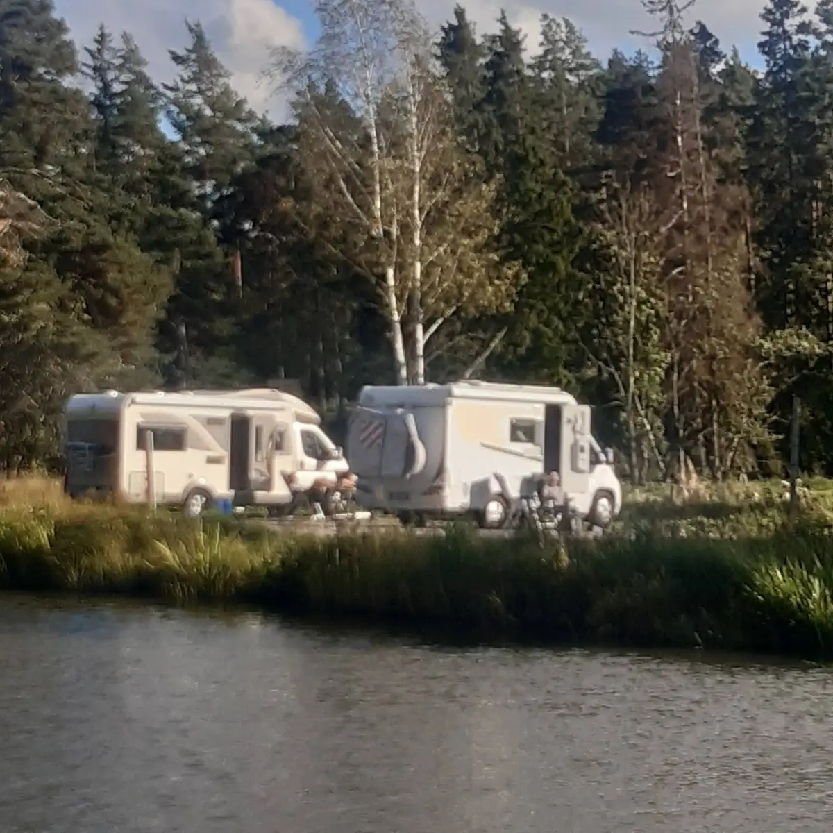 En husvagn står parkerad vid kanten av en lugn damm omgiven av grönska och träd. Området är en fridfull campingplats med inslag av våtmarksmiljö.
