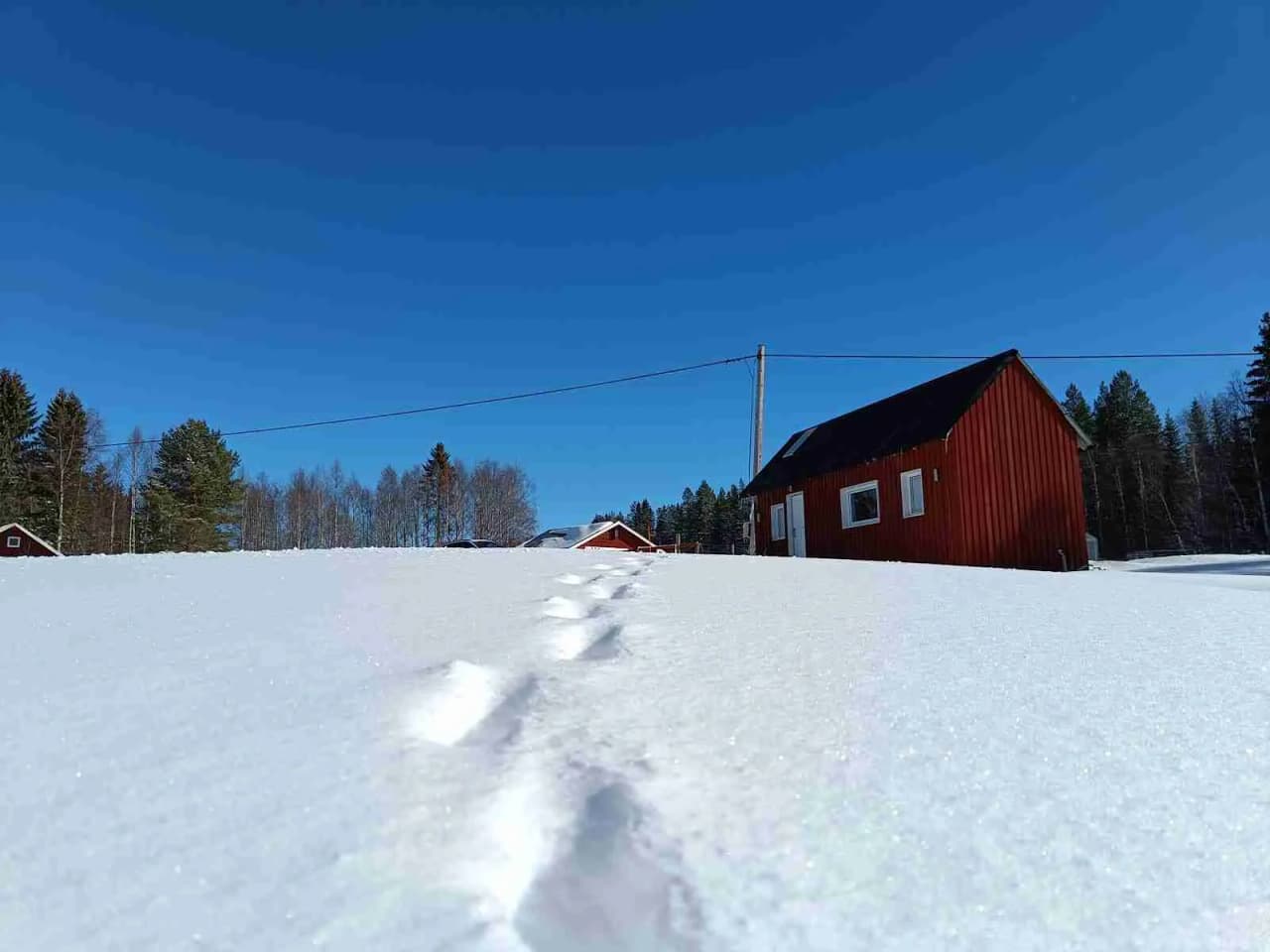 En vintervy med en blå himmel där ett trähem eller stuga syns täckt av snö. Grenar med frostiga inslag omger byggnaden, vilket ger en känsla av kylig vintersäsong.
