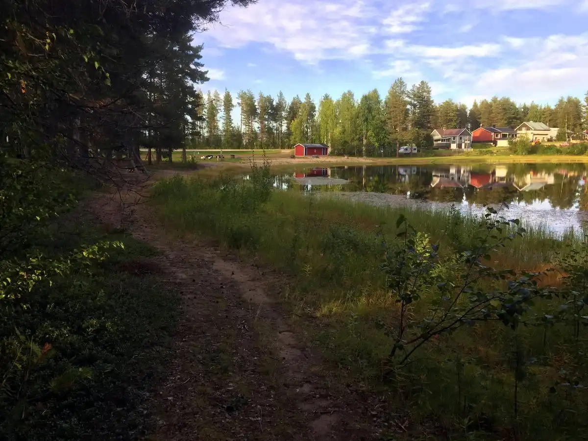 En vidsträckt grön äng med träd i bakgrunden under en klarblå himmel, typisk för den natursköna miljön vid Vuollerim Camping.
