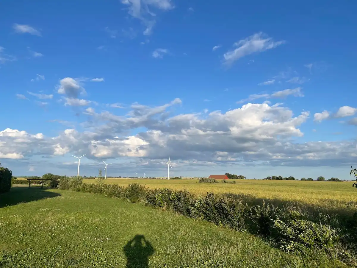 En grön äng under en blå himmel med moln, där en vindkraftverk står i bakgrunden, Hanksville Farm.