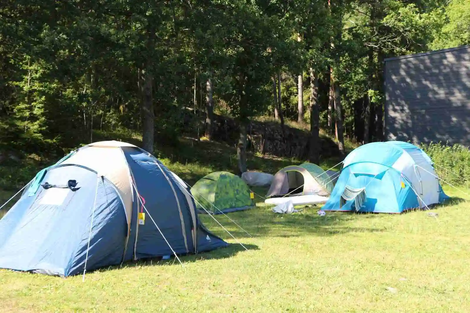 En tältplats vid Rösjöbaden camping & stugby, omgiven av skog och grönska. Tältet är uppsatt och skyddar mot solen med en presenning. Utrustning för camping och vandring syns, vilket skapar en känsla av friluftsliv och avkoppling.