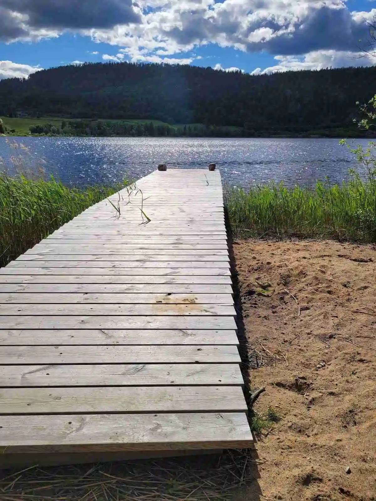En naturskön vy över Gällstasjön där en träbrygga sträcker sig ut i sjöns klara vatten. Bryggan är omgiven av frodig grönska och ger en inbjudande känsla av lugn och ro.