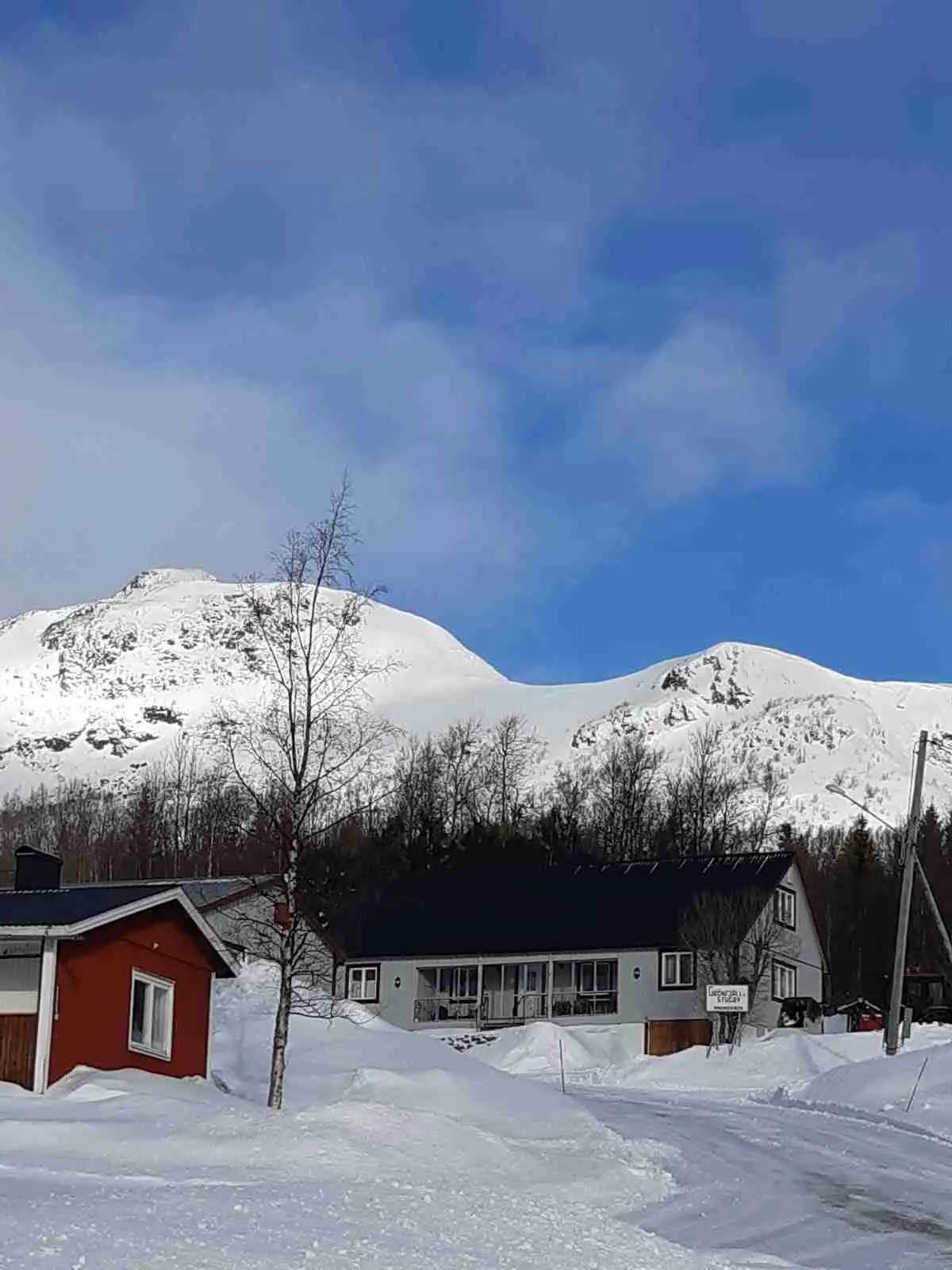 Snötäckt bergslandskap vid Grönfjälls fritidsby med majestätiska bergstoppar, vinterklädda sluttningar och vidsträckt glaciärlandskap.