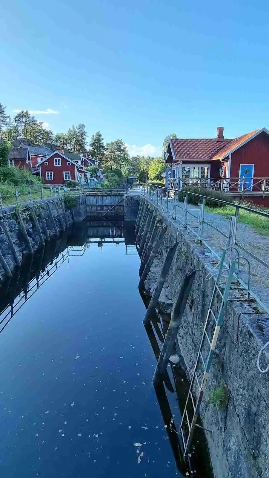 En lugn vattenyta vid E-lovsbyn Camping & Canoe, omgiven av grönska. En liten brygga sträcker sig ut över vattnet, där träden speglas i den stilla ytan.