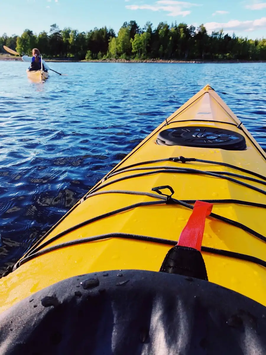 En grupp människor paddlar kajak på en lugn sjö i närheten av Seskarö havsbad och camping, omgivna av grönskande skog.