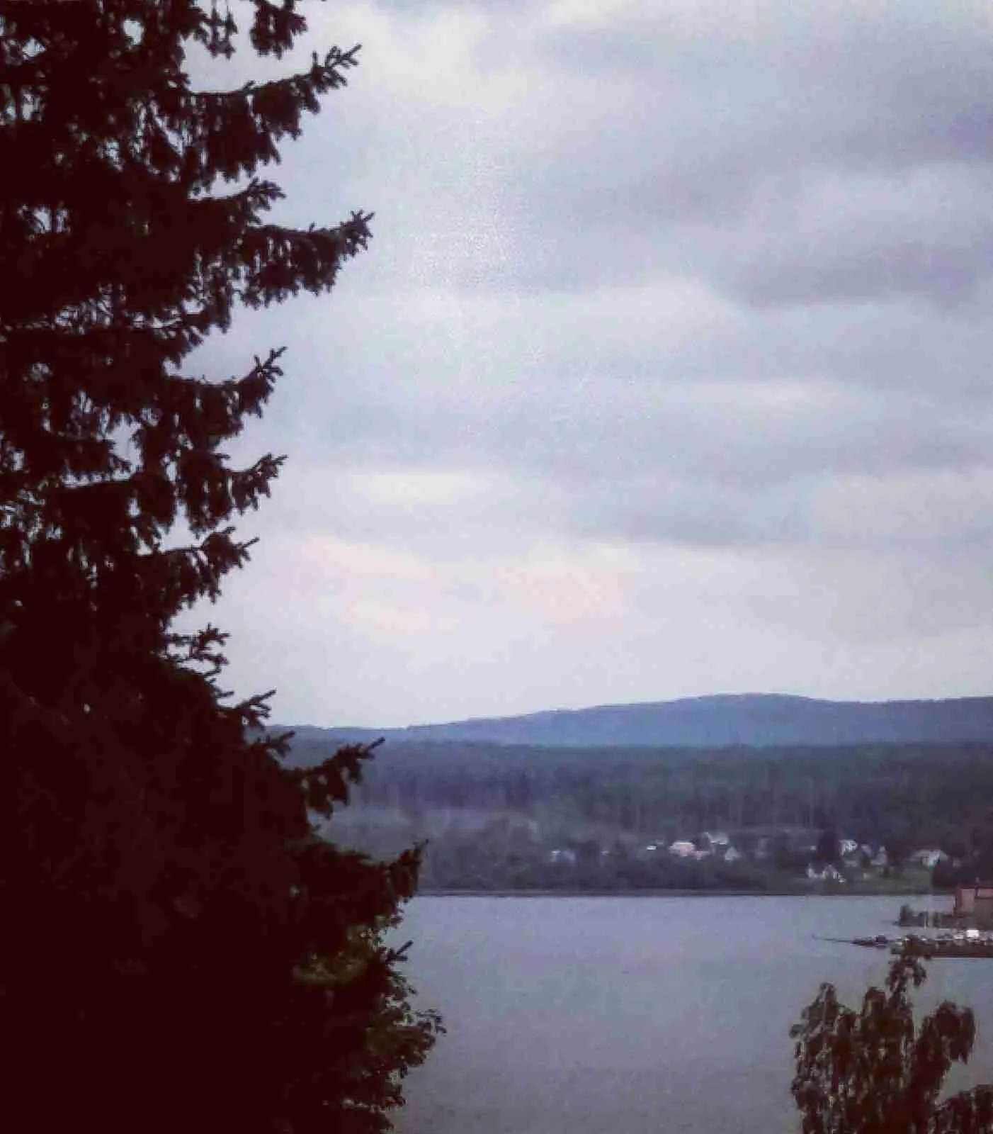 En stilla sjö omgiven av natur under en varm kvällshimmel, med mjuka moln vid horisonten.