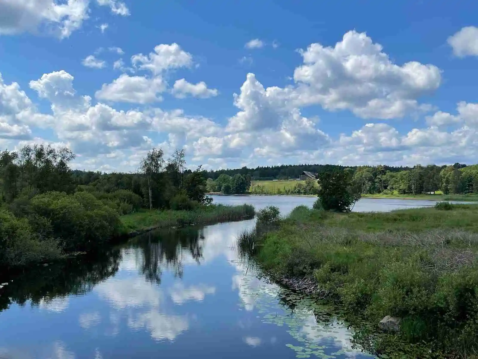 En naturskön utsikt över Kalvs Familjecamping med en sjö i förgrunden, omgiven av grönskande natur under en blå himmel med moln.