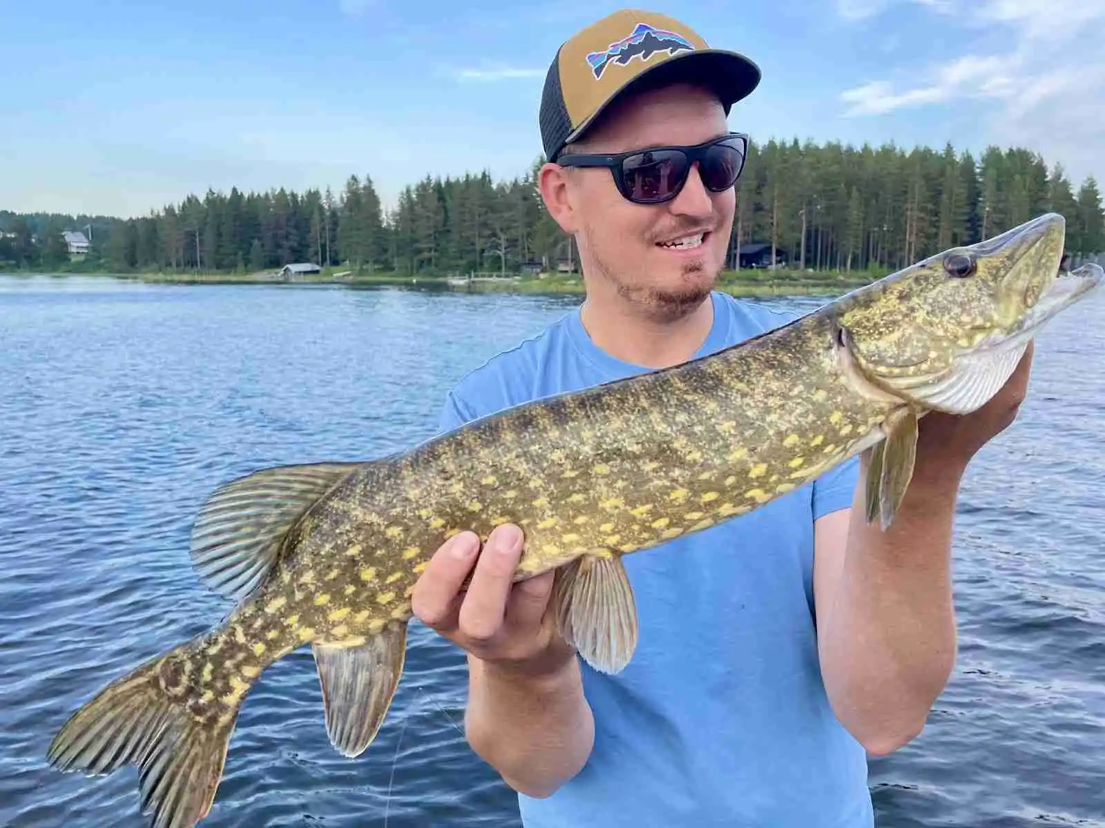 En fiskare håller i ett metspö med en fångad gädda vid en fiskeplats på Camp Route 45. Fisken är en storväxt, benfisk av typen gädda, och fiskaren är klädd för en dag av rekreationsfiske.