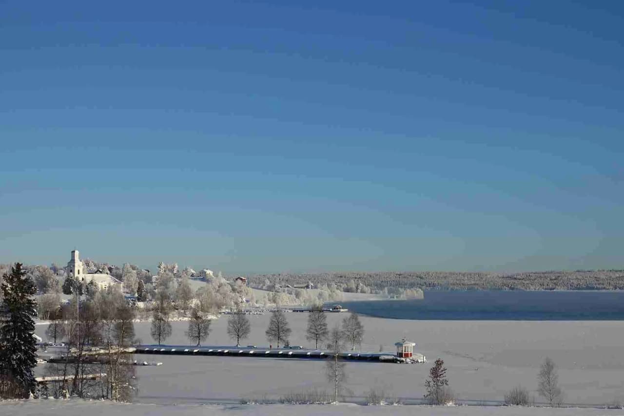 Bild av Hoverbergs camping under vintern, täckt av snö och frost. Stora tallar omges av ett vackert vinterlandskap, medan is och snö pryder marken och skapar en fridfull atmosfär.