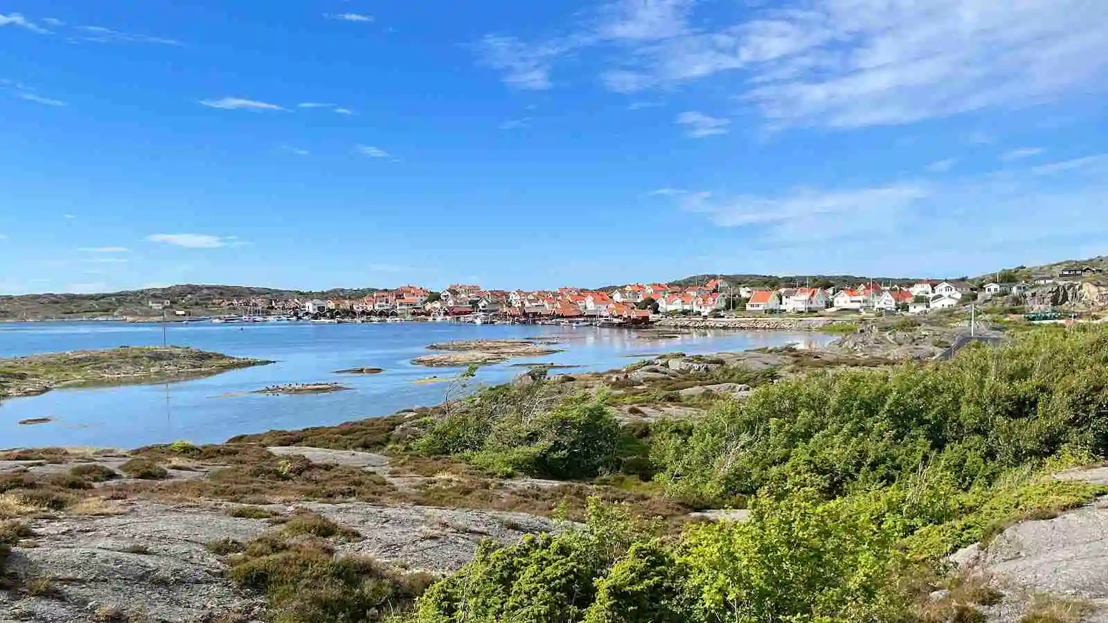 Vy över en pittoresk kustlinje vid Stocken Camping med en blandning av klippor och sandstrand. Vattnet breder ut sig mot horisonten under en klar himmel, vilket skapar en inbjudande atmosfär för besökare.