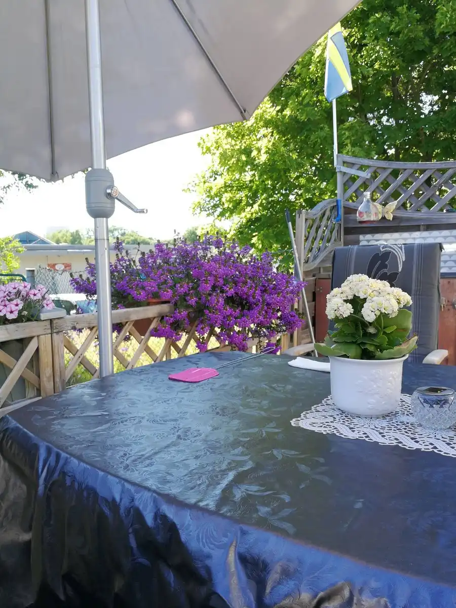 En solig dag vid Löfgrens camping med utomhusmöbler under ett parasoll. Ett bord med duk, stolar, blommor i kruka och lummig trädgårdsmiljö syns i bakgrunden.