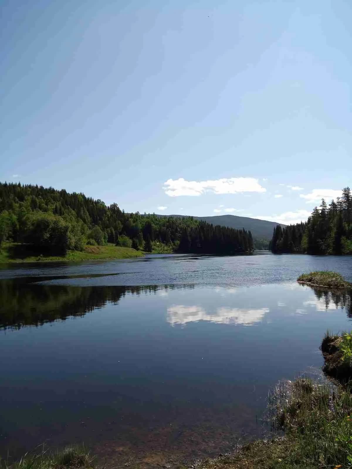 En naturskön vy av Höljes camping med en klar blå himmel och en glittrande vattendrag omgiven av grönska.